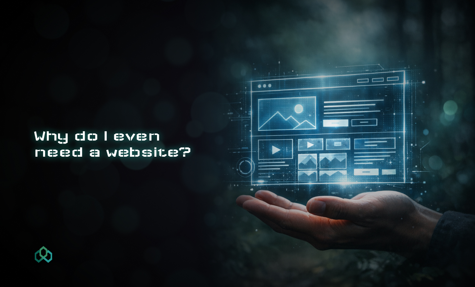 Blog Cover Image: A business owner holds a hologram of his business website in the forest.